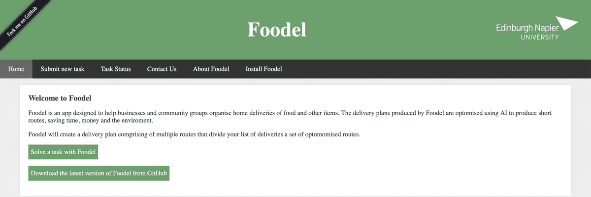 Screenshot of Foodel homepage